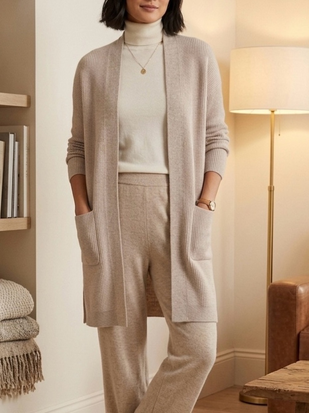 Nap Loungewear Pure Cashmere Open Front Rib Knit Cozy Cardigan One Size